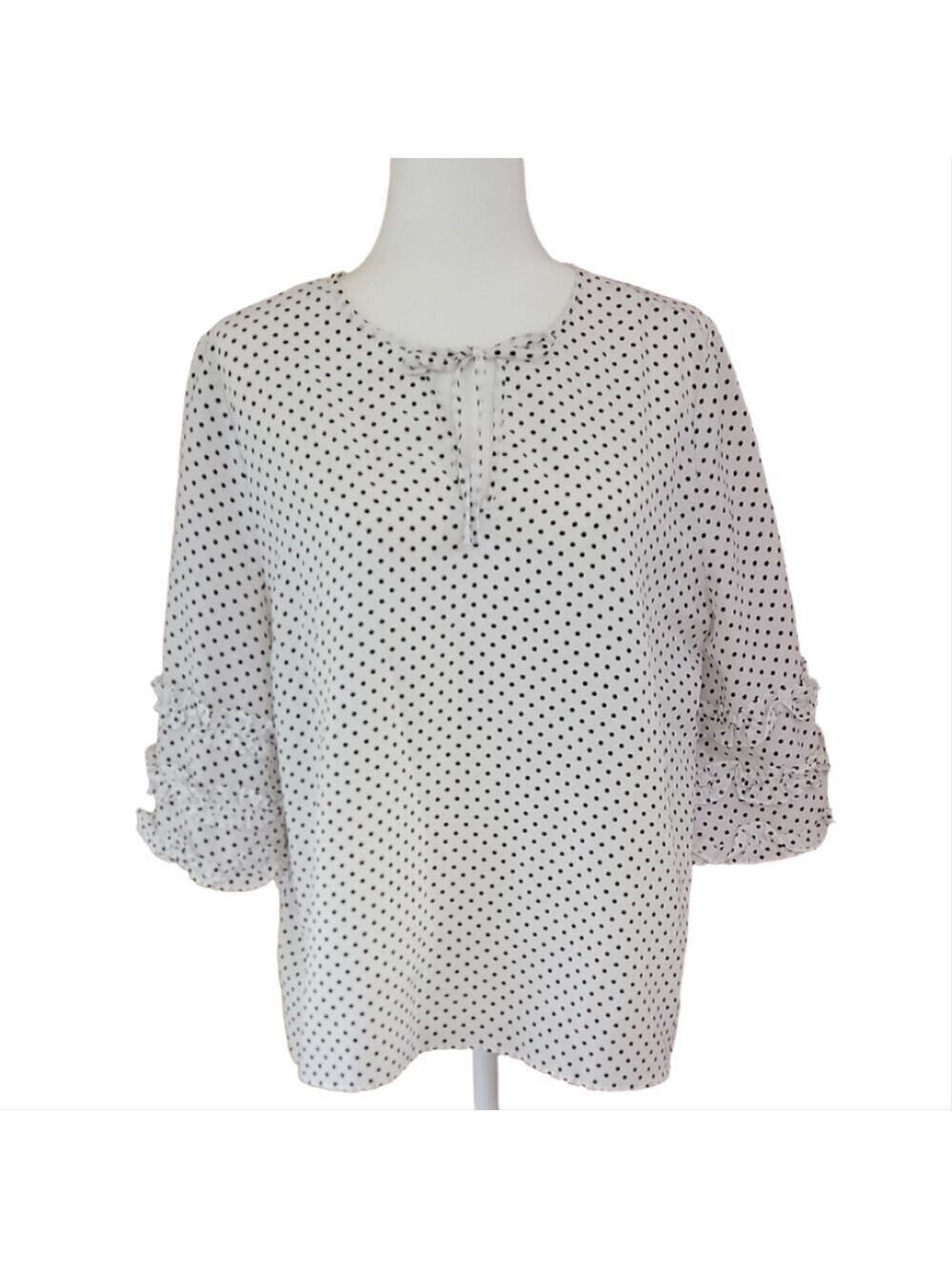 14th & Union White With Black Dots Blouse 3/4 Ruffled Sleeves Size Large EUC